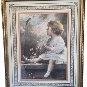 Vintage Gold and Cream Framed Child and Bird Art.